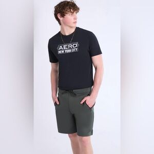 AERO Men’s Air Tech Fleece Active Drawstring Shorts - Olive Dark Green w Black